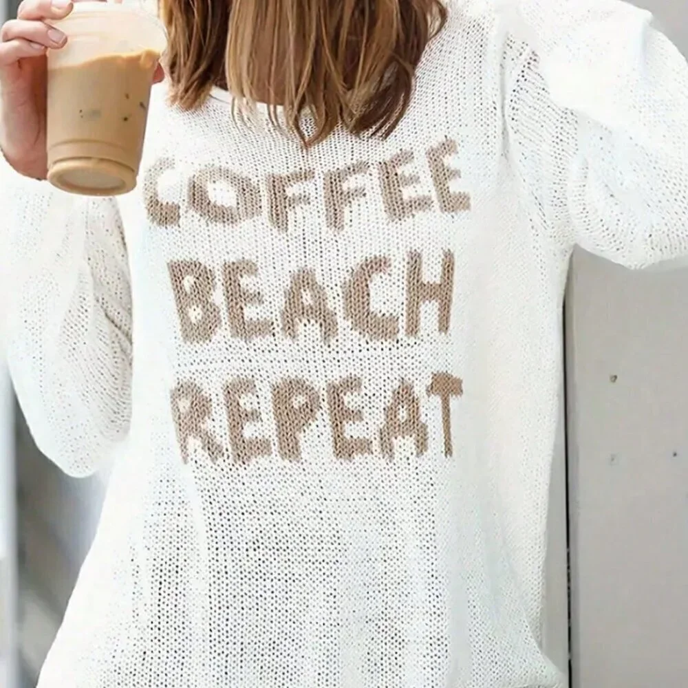 White Casual Women's Round Neck Long Sleeve Side Split Letter Knitted Sweater